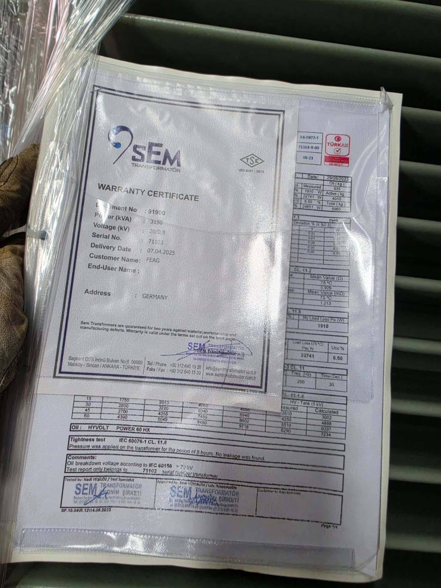 1 Stück SEM Trafo RN5571-S 3150 kVA 20-08